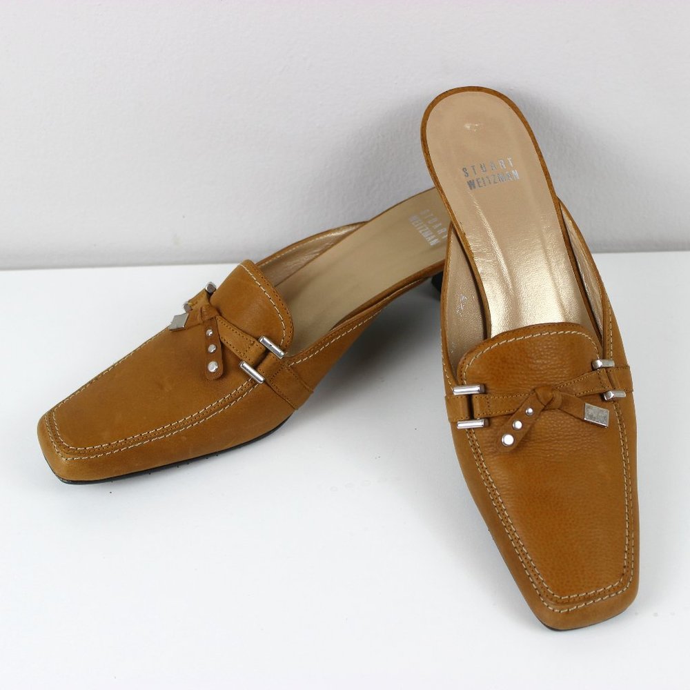 Stuart Weitzman Light Brown / Tan Leather Bow Kitten Heel Square Toe 7.5 M